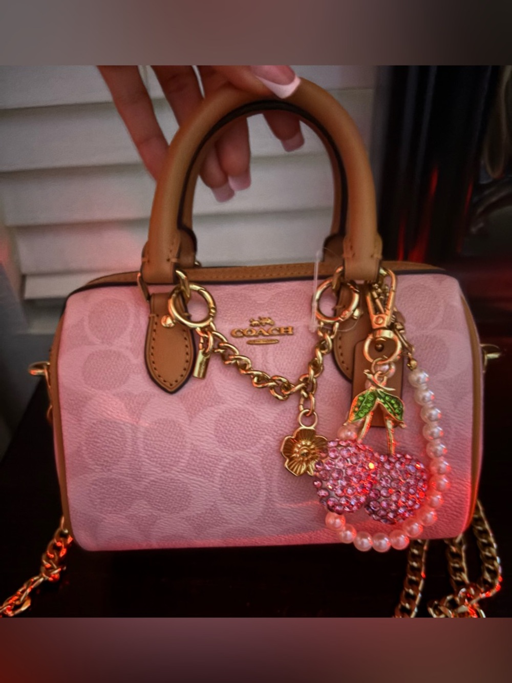 COACH Powder Pink Mini Rowan Signature Canvas 2026. Tan Handles & Gold Hardware - Picture 2 of 7